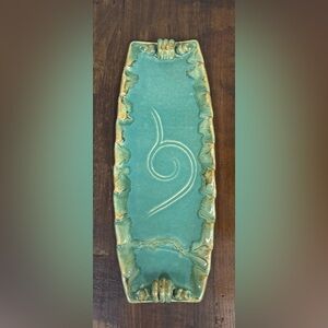 Unusual Signed Pottery ornate handles Sushi Candle Decorative Tray